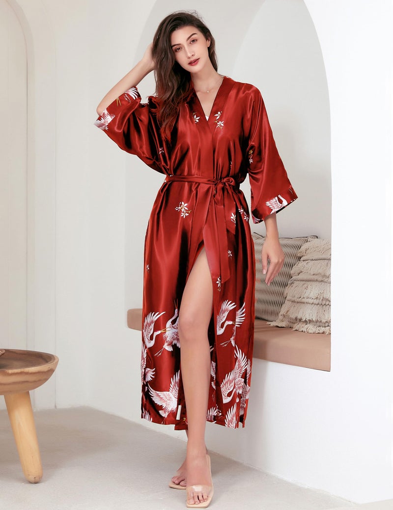 PRODESIGN Long Kimono Robe Satin Sleepwear Blouse Bathrobe Nightgown Silky Crane Kimono Cardigan Robe - Image 4